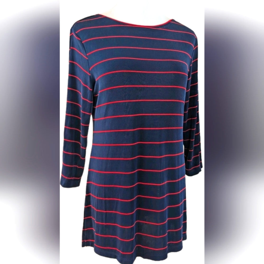 Citiknits Nautical Stripe Boat Neck Top Sz S Navy Red 3/4 Sleeve Liquid Knit